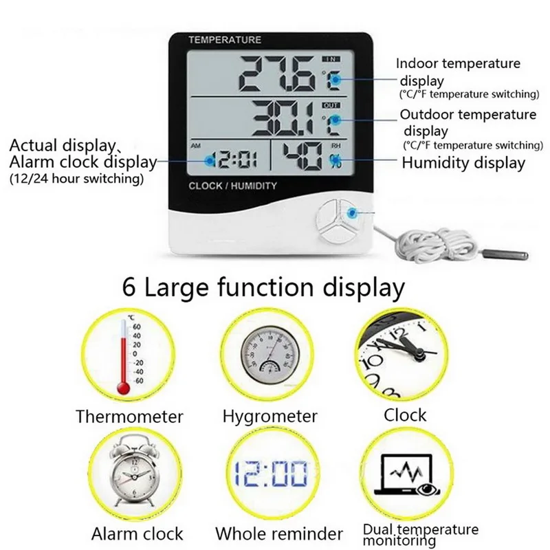 

LCD Electronic Digital Temperature Humidity Meter Indoor Outdoor Thermometer Hygrometer Weather Station Clock HTC-1 HTC-2