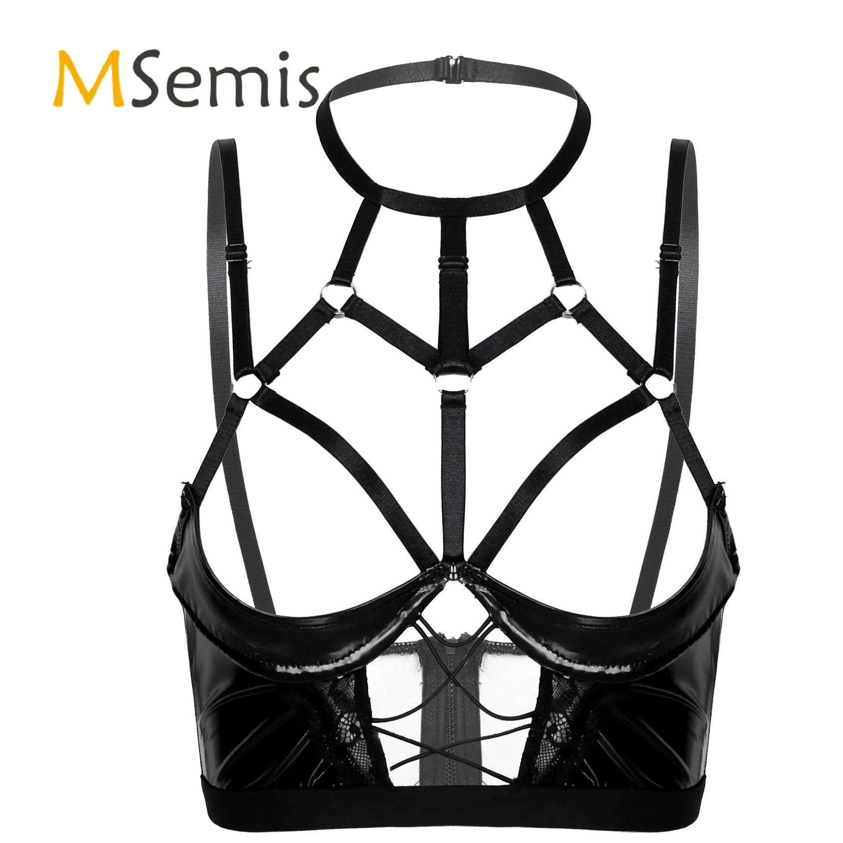 

Womens Lingerie Open Cup Bras Halter Neck Hollow Out Strappy Patent Leather Bra Tops Back Zipper Underwire Unlined Brassiere