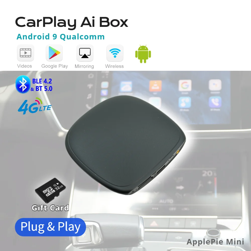 Applepie Mini Wireless CarPlay Ai Box Android 9 Qualcomm 4 + 64G Plug and Play Youtube Netfix для Benz Audi Nissan Hyundi