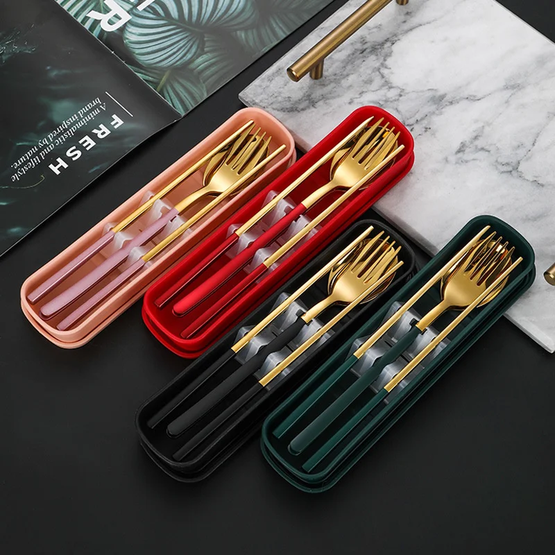 

Camping Chopsticks Forks Spoons Stainless Steel Cutlery Set Golden Cutlery Tableware Portable Dinnerware Tableware Flatware Set