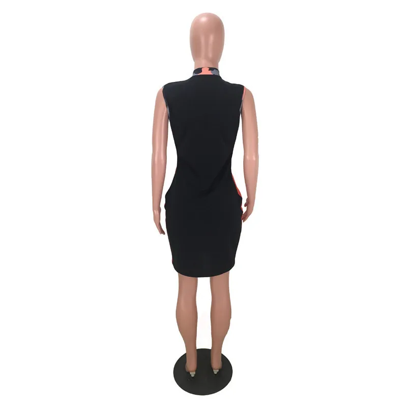 

Camouflage Penelled Sexy Wrap Sundress Women Sleeveless Zipper Front Skinny Package Hip Dress Elegant Ladies Midi Bodycon Dress