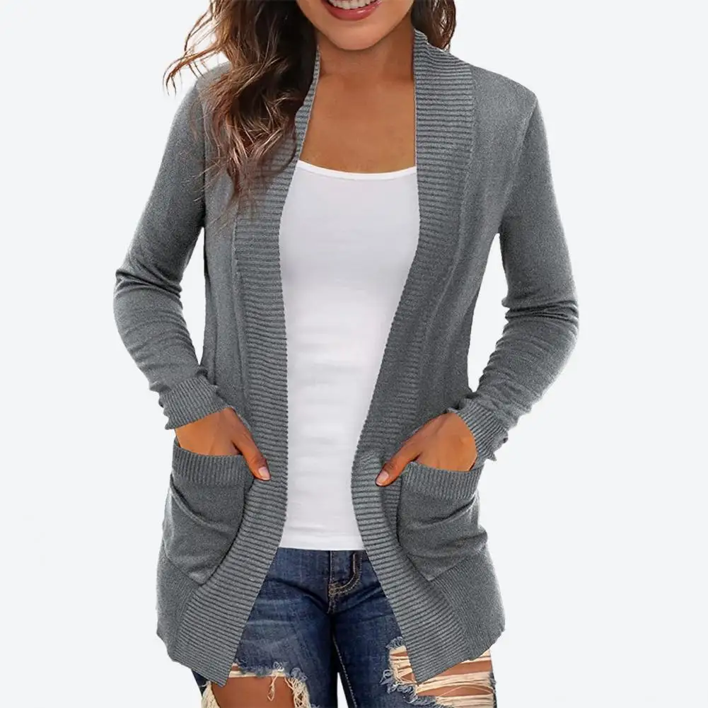 

Women's Pockets Cardigans Sweater Solid Color Simple Open Front 2021 Femme Casual Long Sleeve Coat