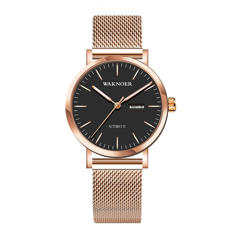 rose gold black WAKNOER автоматические часы мужские водонепроницаемые светящиеся роскошные часы из розового золота простой стиль светящиеся механические часы с календарем в минималистическом стиле - Цвет: rose gold black