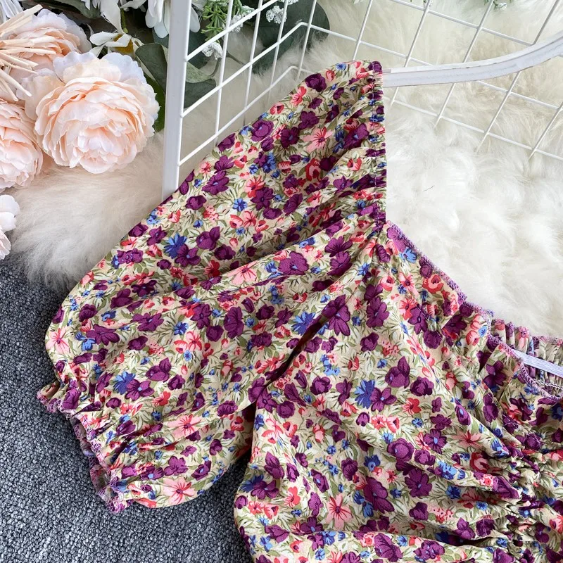 

Floral square collar bubble sleeve pleated drawstring exposed navel short chiffon shirt women's casual thin shirt Blouses