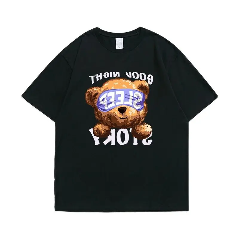 

2021 summer new cartoon eye patch bear print short-sleeved T shirt, men's casual fashion short-sleeved T shirt, couples T shirt