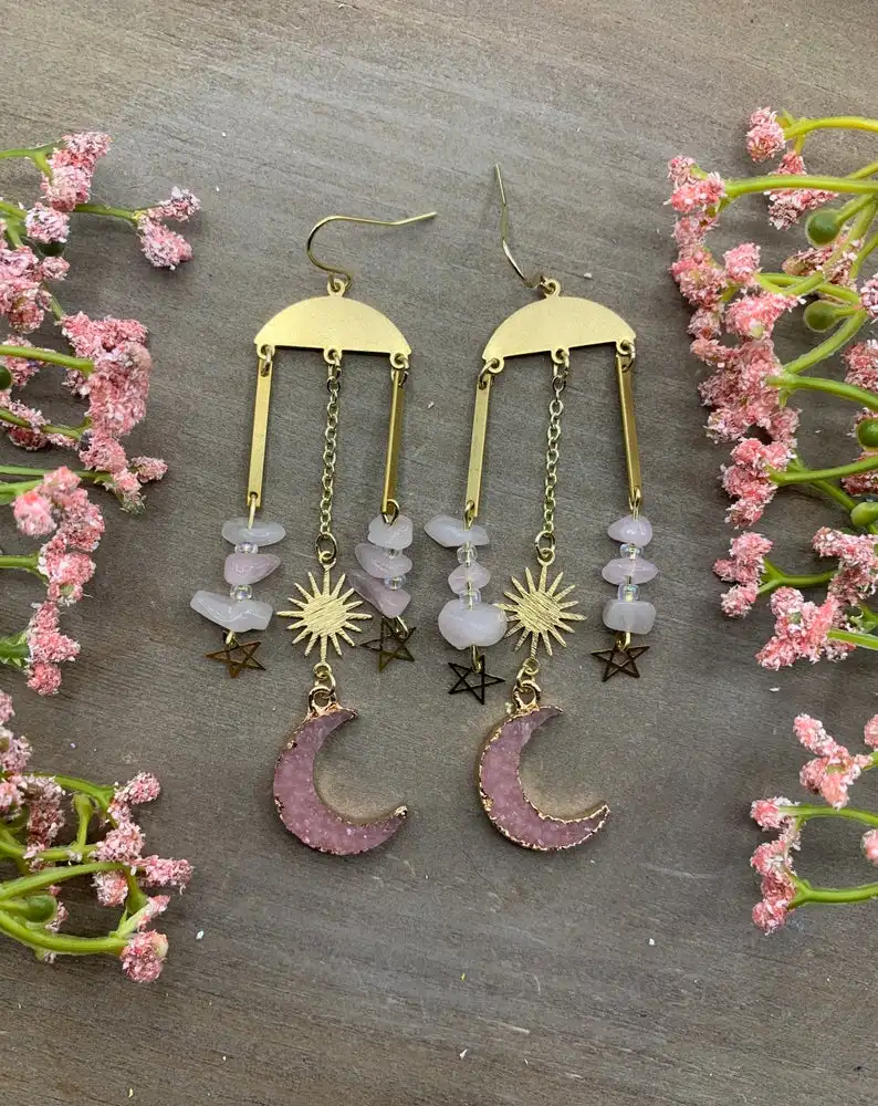 

Rose Quartz Moon/Sun Brass Pink Druzy Moon Earrings