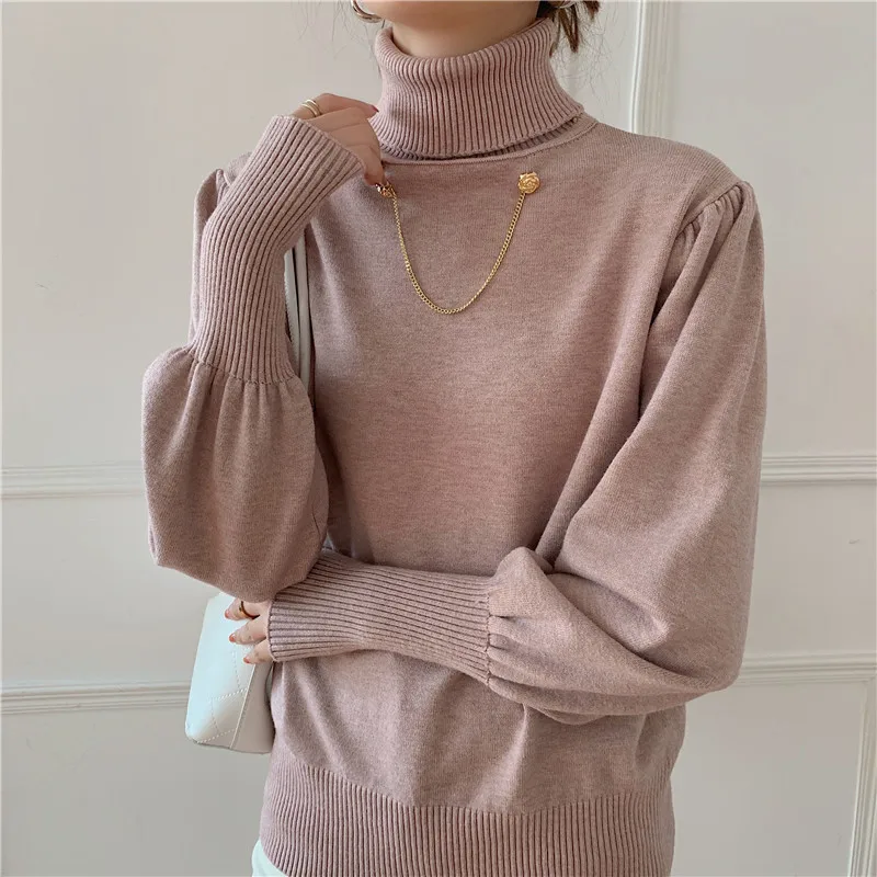 

Turtleneck Chain Knitted Women Pullover Sweater 2021 Spring Puff Sleeve Fashion Solid Loose Basic Elegant Jumpers Tops Femme