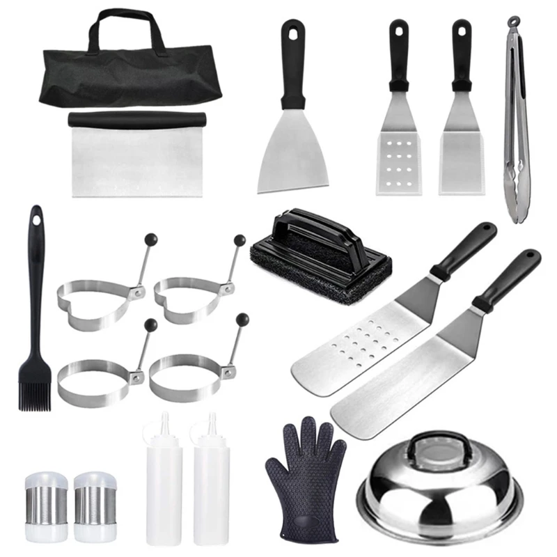 

20 Pcs Barbecue Tool Set with Portable Storage Bags Metal Spatulas Scraper Egg Rings Complete Grill Utensils Kit for steel T21D