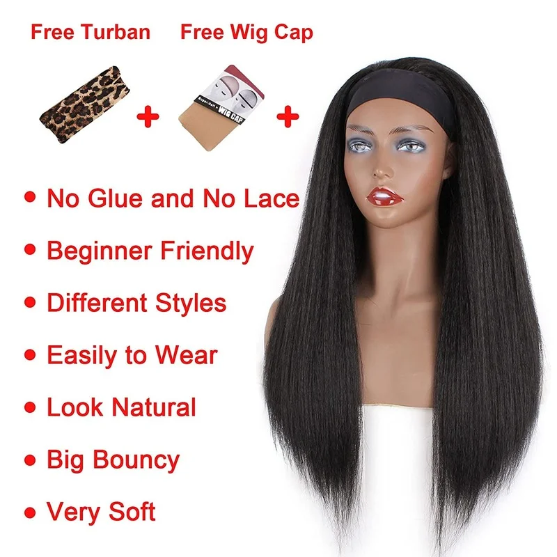 Kinky Straight Headband Wig For Black Women Synthetic Brazilian Hair Wigs Yaki Head Band On Sale Looks Natural | Шиньоны и парики