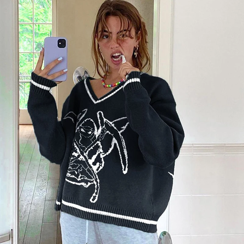 

2021 Fall Winter Women Pullovers Sweater Fashion Loose Knitted V Neck Pullover Preppy Style Jumpers y2k Sweater for Women