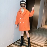 girls babys kids wool coat jacket 2021 orange warm thicken plus velvet winter autumn buttons long style%c2%a0childrens clothes