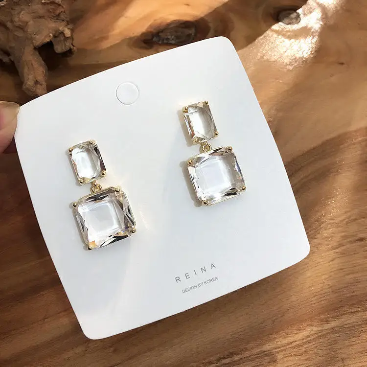 

2021 Korean New Design Fashion Jewelry Double Square Earrings Luxury Transparent Glass Crystal Charm Women Party Jewelry