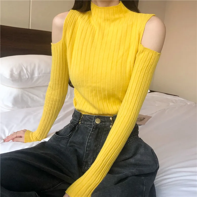 Sweater Women Turtleneck Off-shoulder sexy knit Orange short sweater 2020 Winter jumpers elegant solid Full slim pullover tops | Женская