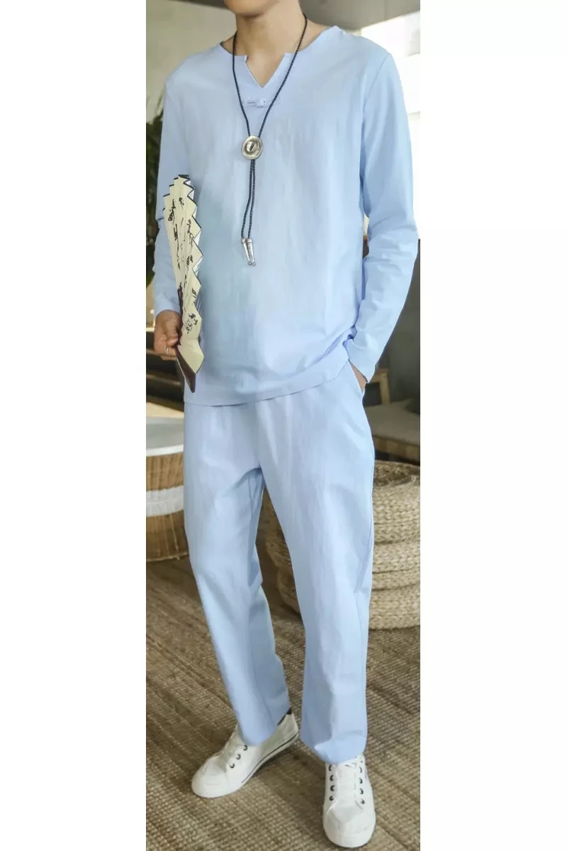 

KOLMAKOV Japan Style Mens Cotton and Linen Long Sleeved T-shirt+Pant Sets Men Solid Sport Suit Casual Tracksuit Male Size M-5XL