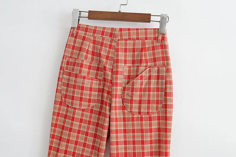 

Summer 2021 New Women's High-waisted, One-button Red Plaid Straight Trousers