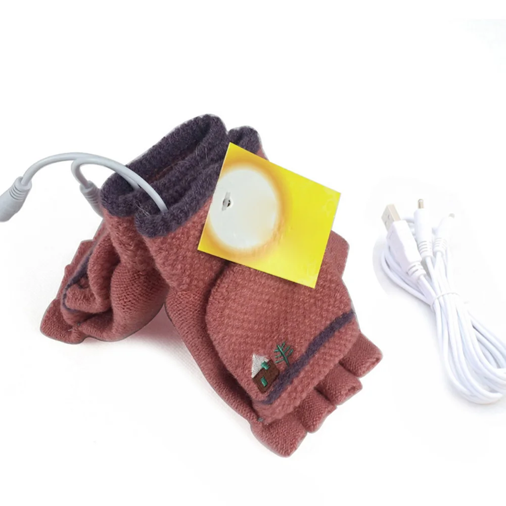 

1 Pair USB Electric Heated Gloves Mittens Warmer Hands Winter Temperature Control Half Finger With Finger Cover