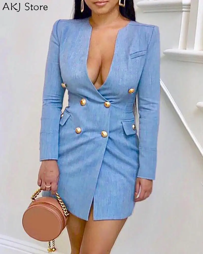 Женское двубортное офисное платье-блейзер элегантное платье с V-образным вырезом