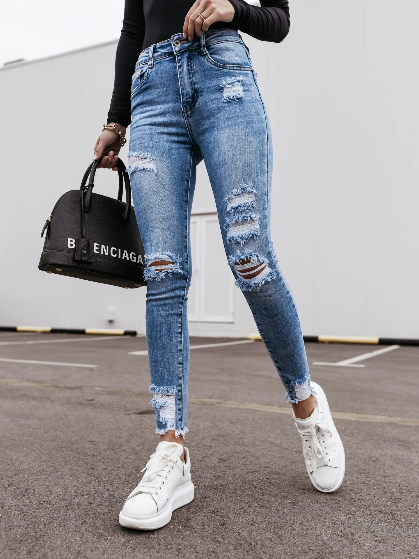 

2021 Fashion Skinny Denim Jeans Women High Waist Ripped Hole Female Pencil Jeans Streetwear Stretch Women Denim Jeans Pants