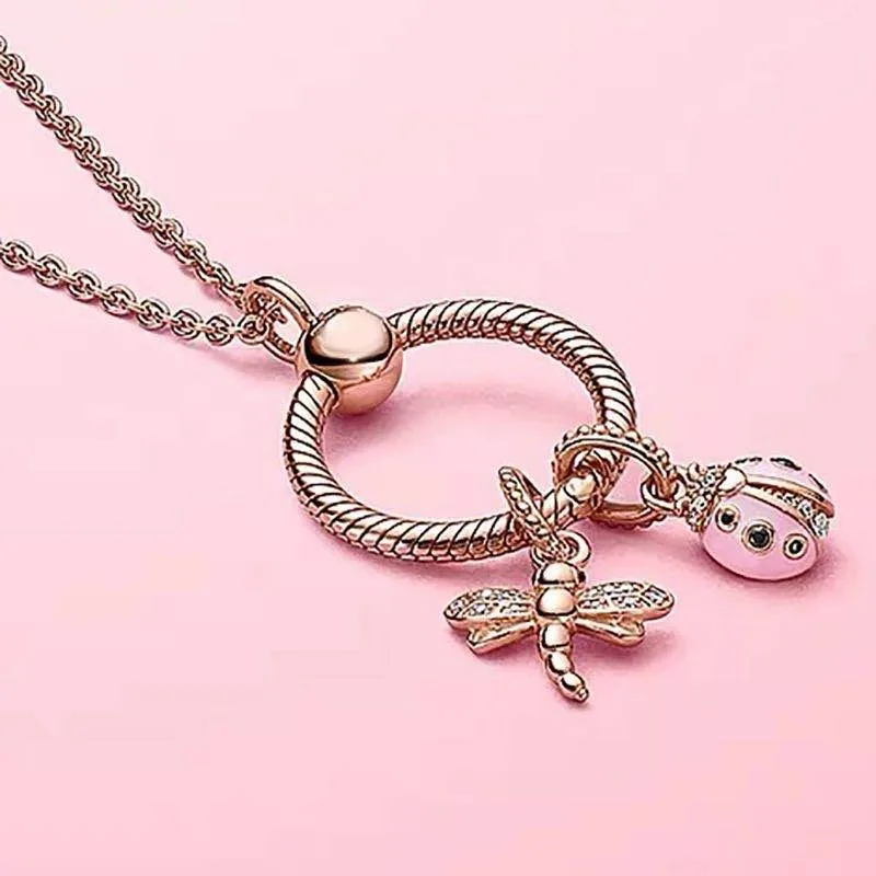 

100% 925 Sterling Silver Pan Rose Gold Insect Dragonfly Letter O Pendant Necklace Female For Women Wedding Fashion Jewelry