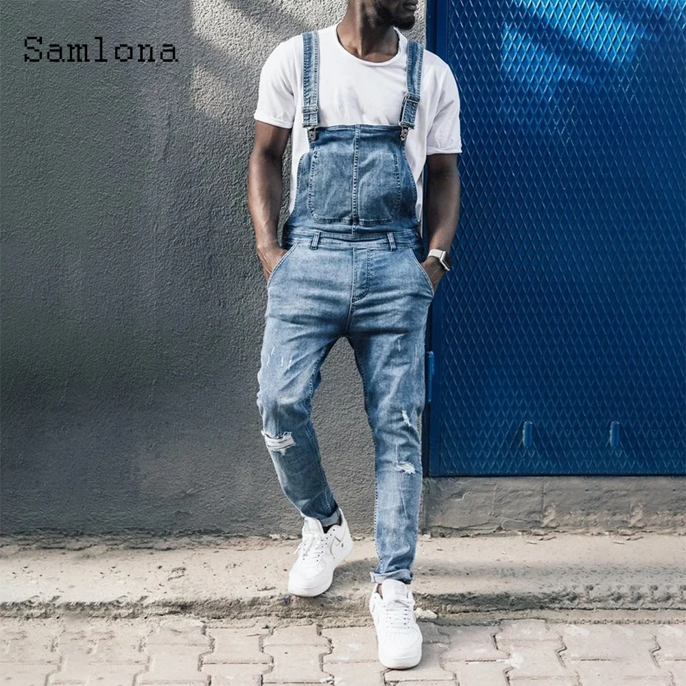 2021 European and American style Men's Fashion Jeans Demin Overalls Light blue Hip Hop Strappy Jumpsuits Casual Denim pants
