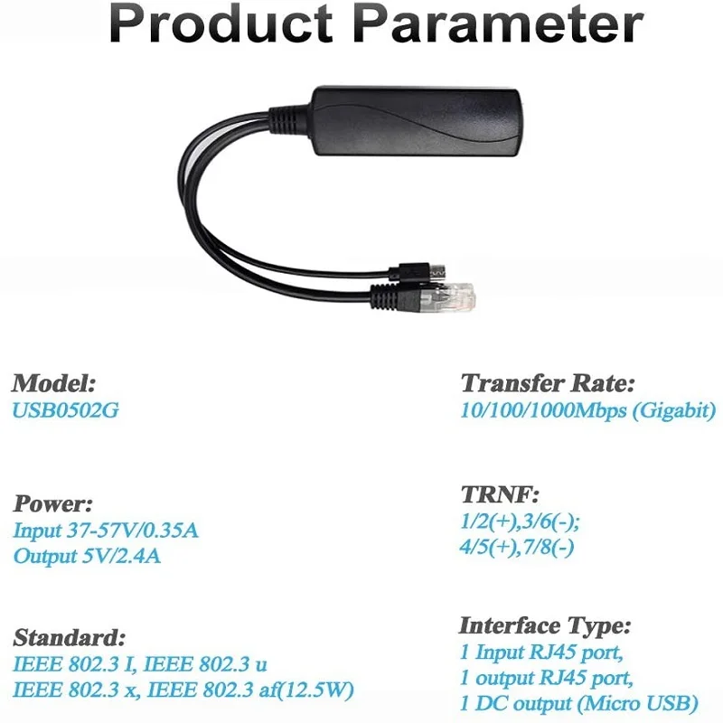 

Gigabit Type C PoE Splitter Adapter 5V 2.4A IEEE 802.3af Standard 1000Mbps For USB Charging Cable RJ45 Port Power Over Ethernet