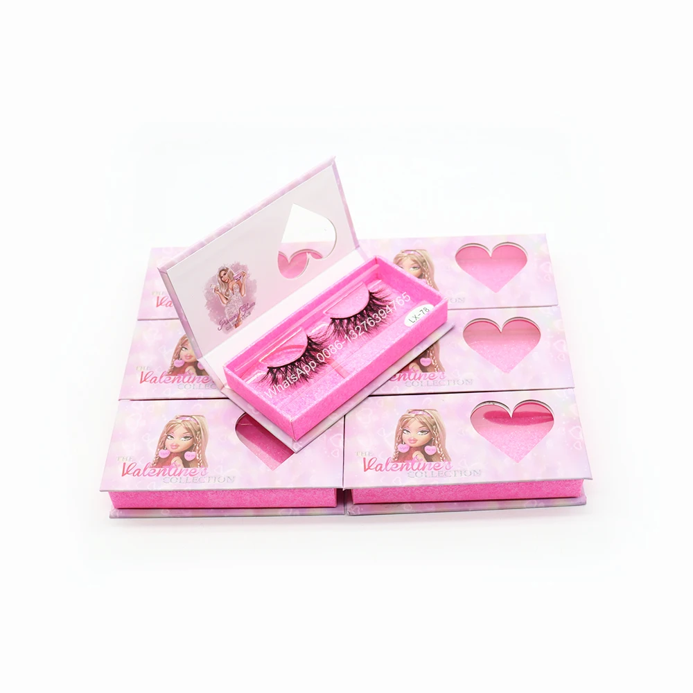 

Doll Eyelash Case Nature 3D Mink Eyelashes Wholesale 5D Lashes Pink Glitter Lashbox With Heart Windows Custom Lash Packaging