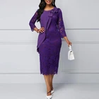 Женское кружевное платье до середины икры, фиолетовое платье для матери невесты с круглым вырезом, бантом и длинными рукавами, свадебные платья, 2020