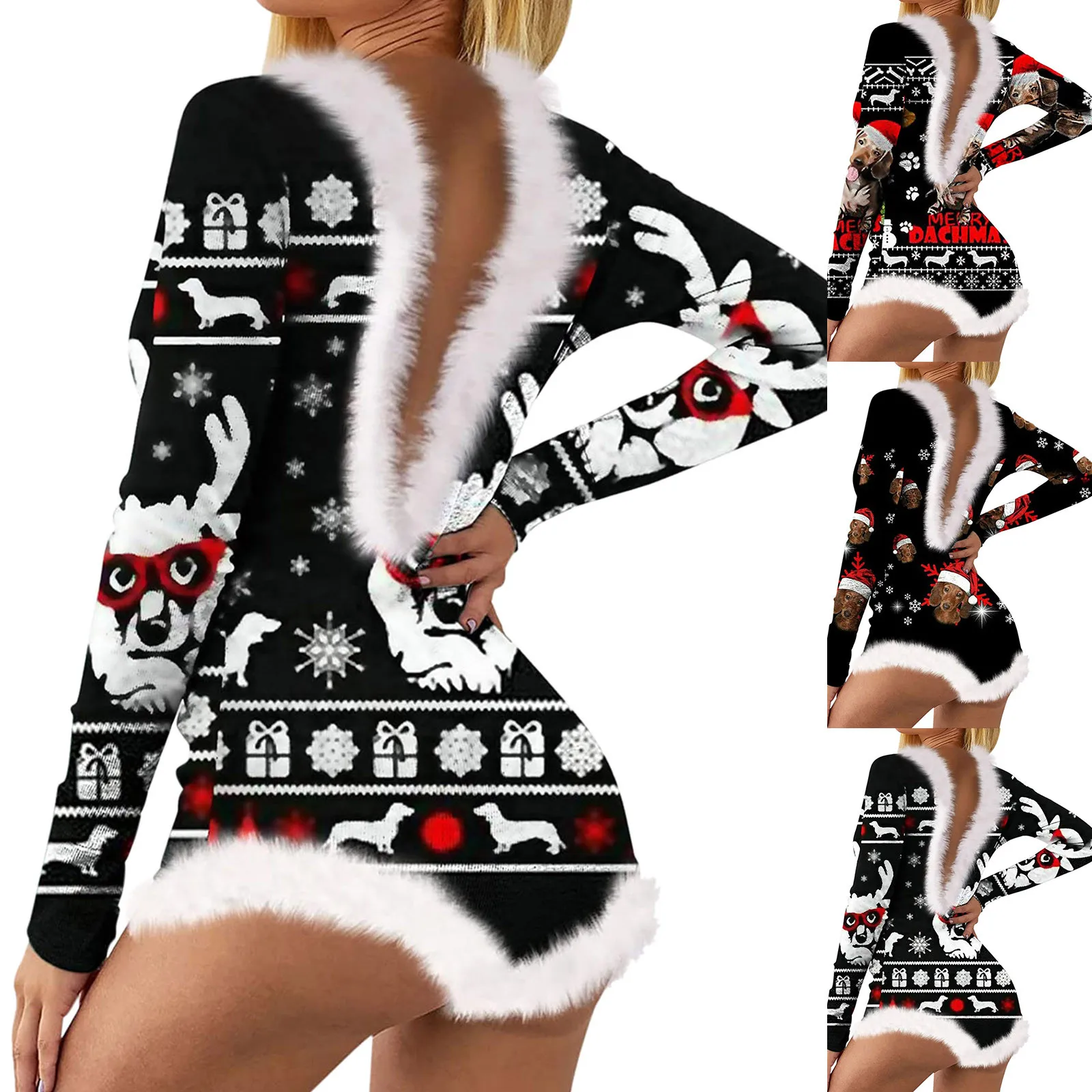 

Women Christmas Romper Set Print Long Sleeve Nightwear Jumpsuit Warm Bodysuit Soft And Sexy Playsuit Romper