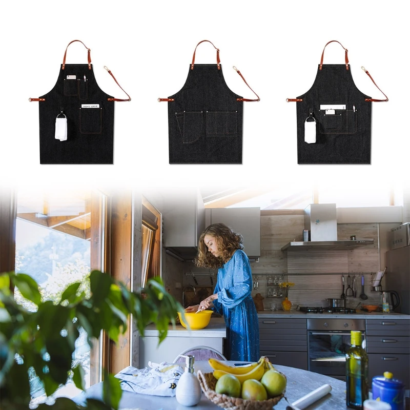 

Black Denim Chef Apron for Men for Barbeque Cooking with Towel Loops Dropshipping