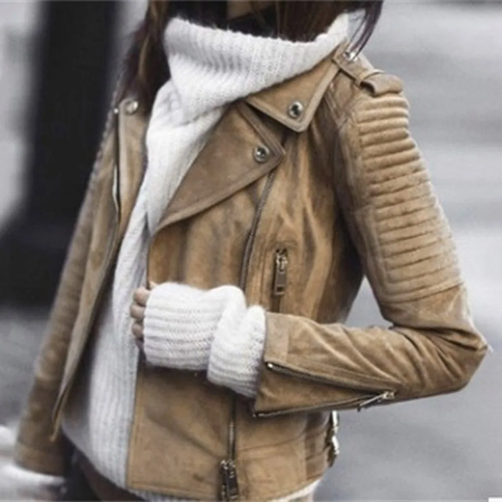 Женская куртка на молнии с поясом винтажная кожаная короткая простая