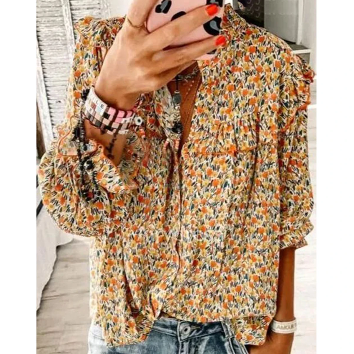 

Women Boho Floral Print Summer Blouses Tassel Design Long Sleeve Ruffle Cuff Elegant Chic Shirt