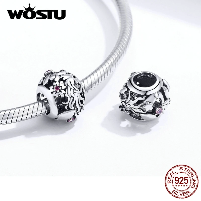 WOSTU Mermaid &amp Flower Vinatge Charms 100% 925 Sterling Silver Round Beads Fit Original Bracelet DIY Necklace Jewelry FIC1449 | Украшения