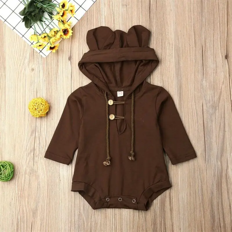 Newborn Baby Kids Girl Boy Hooded Long Sleeve Cute Bear Ear Romper Bodysuit Jumpsuit Cotton Clothes Outfits Autumn 0-18M | Мать и ребенок