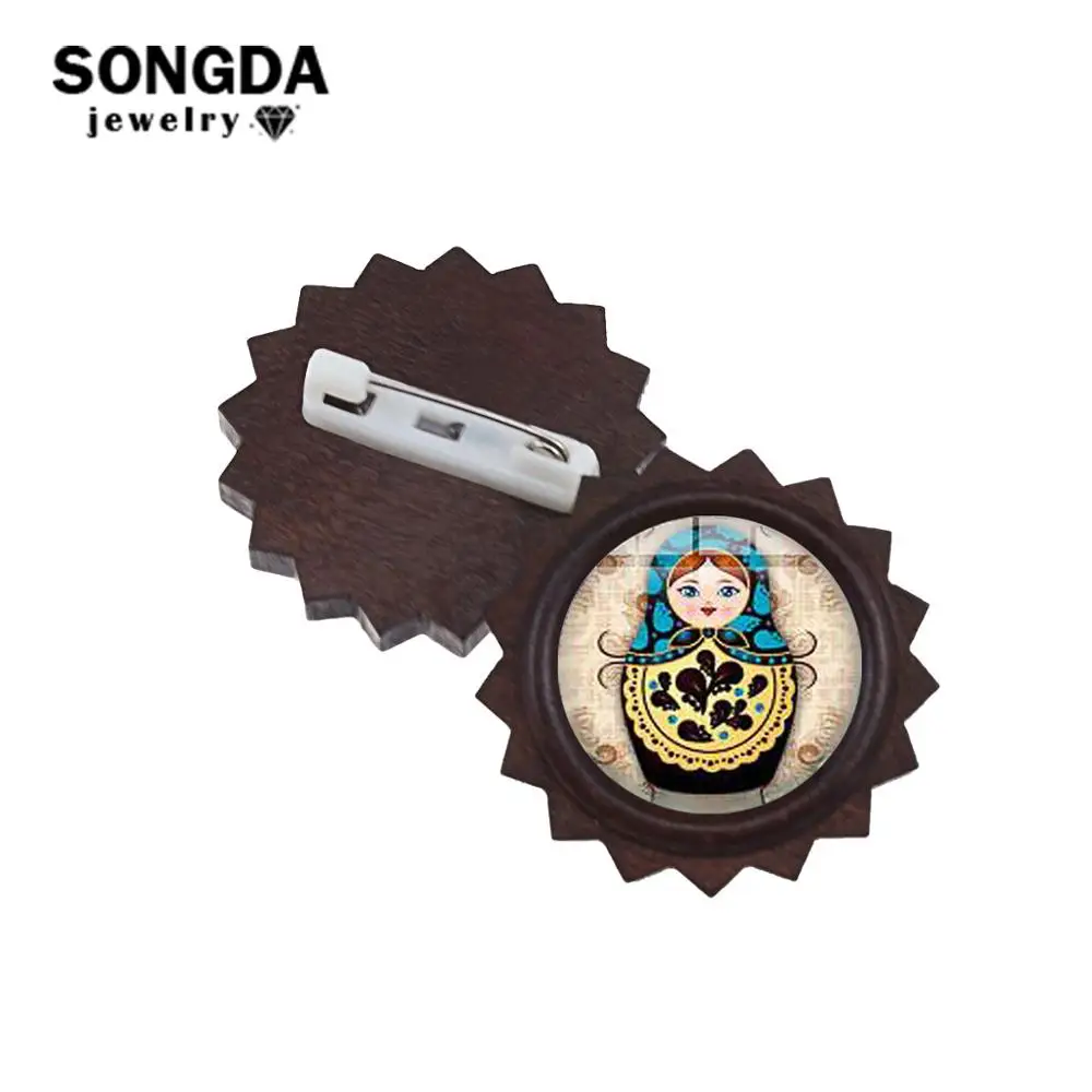 SONGDA Винтаж деревянный русская броши &quotКукла&quot Удачи матрешки Стекло кабошон
