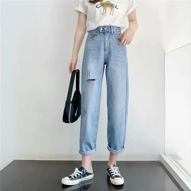 

Summer new style fashion washed high-waist jeans women with ripped holes, solid color slimming double button nine-point jeans Ms