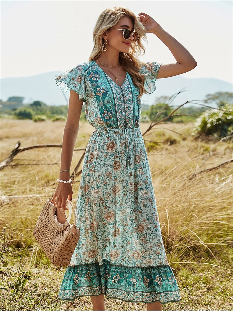 

Spring New Holiday Style Print Dress Women Casual V Neck High Waist Dress for Women 2021 Butterfly Sleeve Summer Print Dress