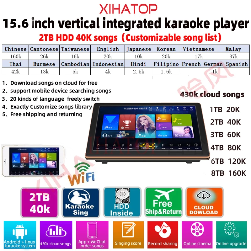 

XIHATOP 15.6-inch 2TB HDD karaoke player touch screen,YouTube WiFi online cloud download,suitable for KTV bar family gatherings