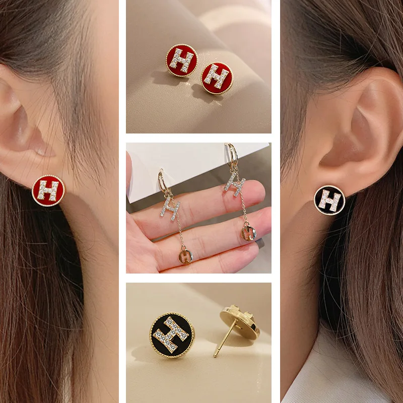 

Light Luxury Zircon H Letter Modeling Gold Circle Earrings For Woman 2021 New Fashion Korean Jewelry Party Girl's Sexy Earrings