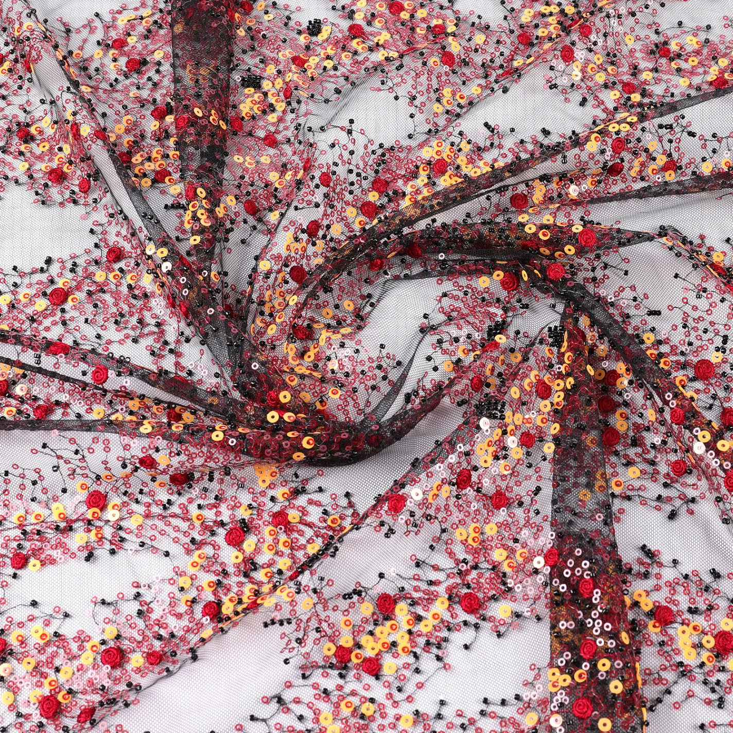 

Тюлевая Сетка из полиэстера, бусины черного и оранжевого цвета, блестки 3 мм и 5 мм, ткань с машинной вышивкой для платьев