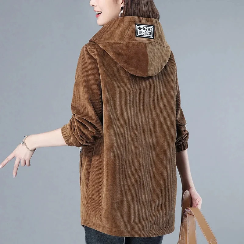 

Corduroy Windbreaker Women Mid-Length 2021 Autumn Winter Velvet Thickening Plus Size Loose Hooded Jacket Female Warm Coat 351