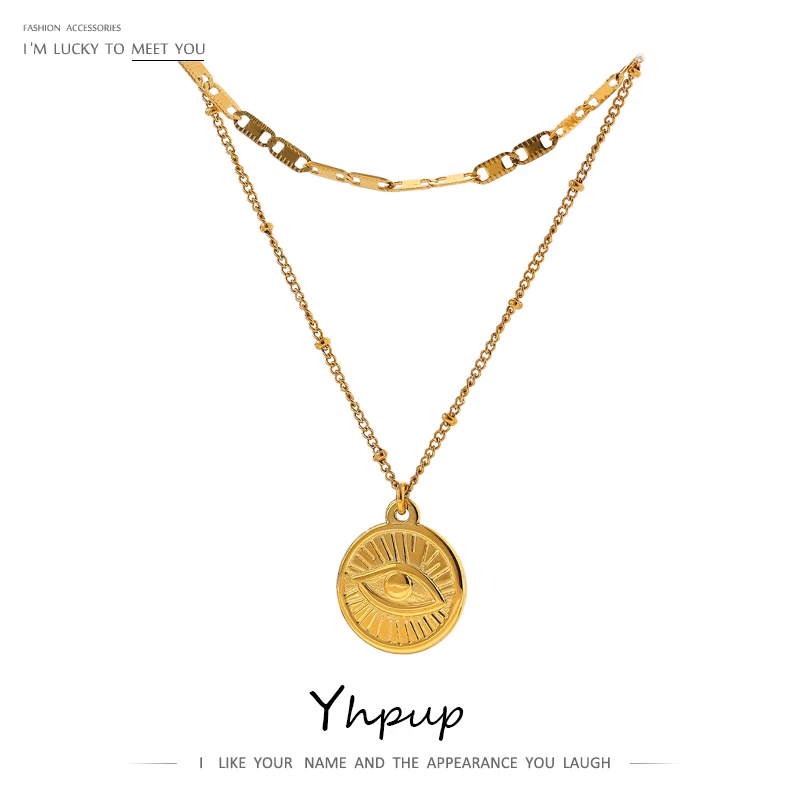 

Yhpup Trendy Eye Pendant Layered Chain Necklace Titanium Jewelry Stainless Steel Charm Temperament Collar for Occident Women