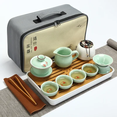 Качественный дорожный чайный набор кунг-фу чайник чашки gaiwan infuser chahai портативная коробка cozies деревянный бамбуковый поднос китайский чайный церемониальный набор - Цвет: SET 14