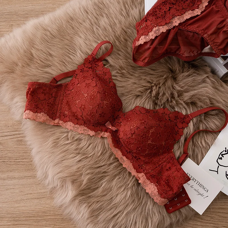 

Sexy modal cotton comfortable bra set no rims girls underwear gathered top and thin thick bra push up deep v lingerie sets