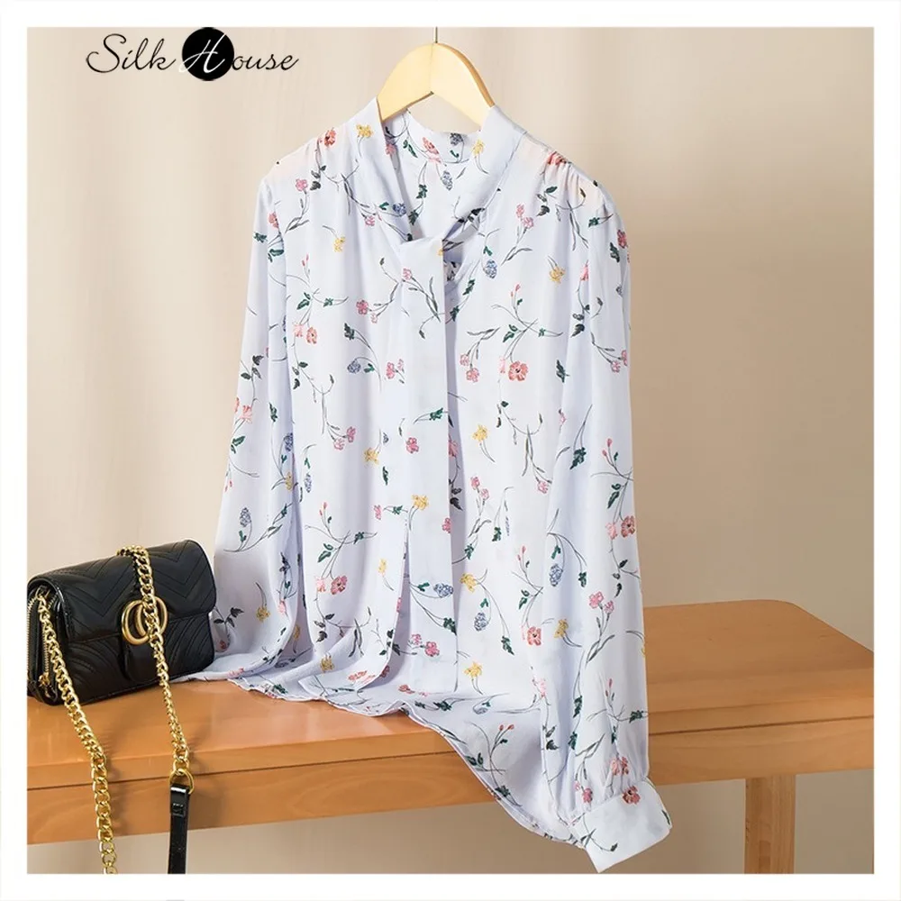 

Ribbon Silk Blouse Female Hangzhou Mulberry Silk Printed Shirt Fashion Foreign Style Long Sleeve Blouse Spring New Shirt