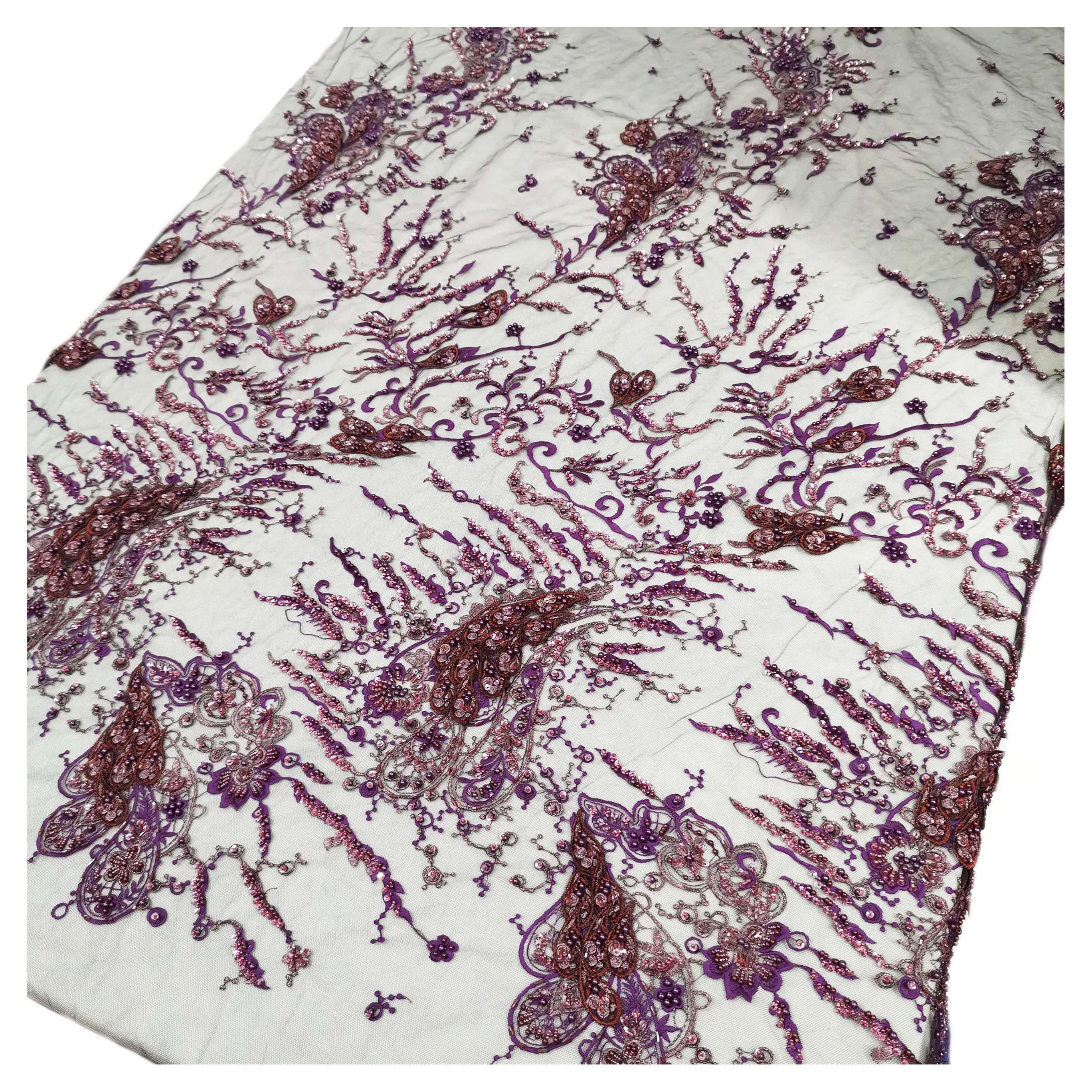 5 ярдов Высокое качество Африканский Фиолетовый вышитый бисером тюль кружева