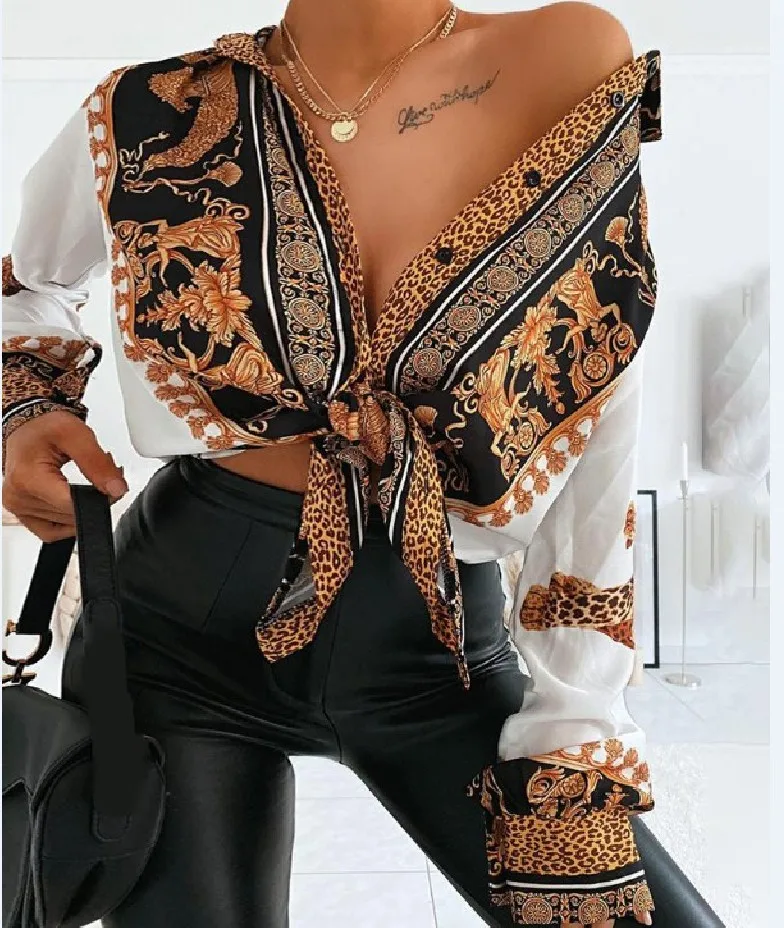 

2021 Long-sleeved Leopard Print V-neck Pullover Button Shirt Slimming Shirt Women Loose Casual Shirts Ladies Tops and Shirts Sum