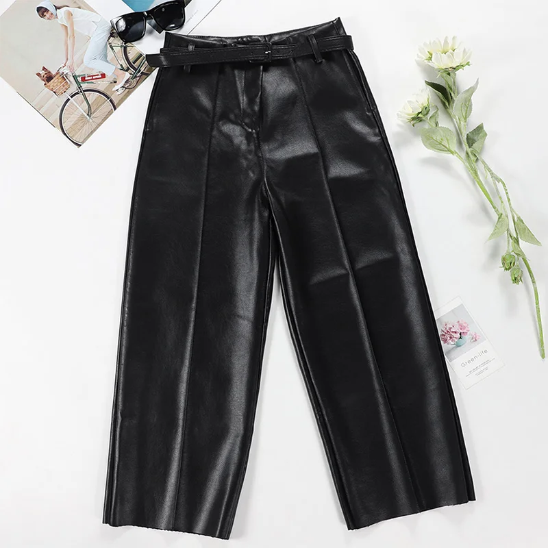 Autumn Faux PU Leather Pants Women With Belt High Waisted Wide Leg Anke-length Women's Trousers Winter NEW Fashion Clothes