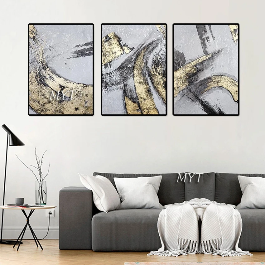 

Foil Golden Color Oil Paintings On Canvas Unframed 3PCS Canvas Wall Art Pictures Hot Selling Artwork Unframed