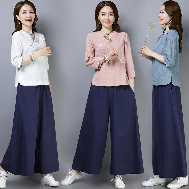 

2pc Set Women Chinese Tang Suit Linen Cotton Pant Wide Leg Trouser Yoga Three Quarter Sleeve Blouse Girl Kung Fu Tai Chi Uniform