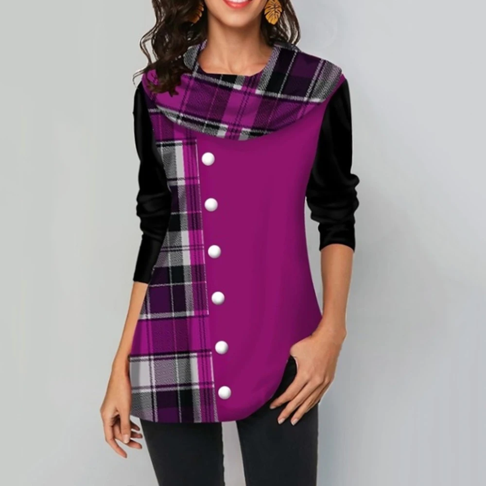 Женские клетчатые толстовки Толстовка на пуговицах с длинным рукавом осень и